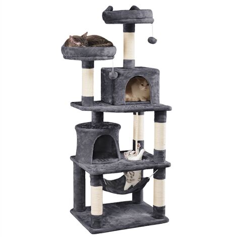 UMI by  Modern Wood Cat Tree Cats Multi Floor Large Play Tower Sisal Scratching Post Kitten Furniture Activity Centre With Condo Playhouse Dangling Toy Grey