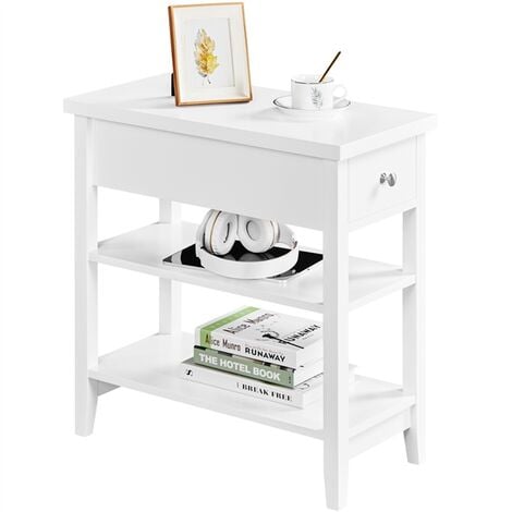 Yaheetech Nachttisch, Nachtschrank, Beistelltisch aus MDF, 3 Ebenen Nachtkommode mit 2 Ablage und Schublade, moderner Couchtisch Telefontisch Flurtisch fürs Wohnzimmer und Schlafzimmer, Weiß
