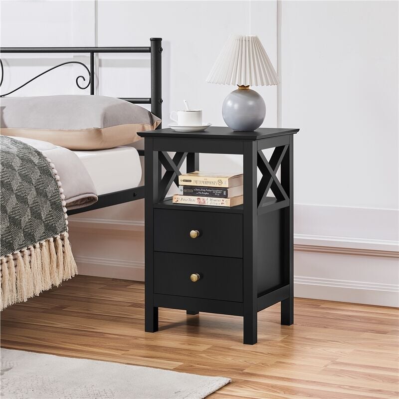 Yaheetech - Table de Chevet Noir avec 2 Tiroirs et 1 Étagère, Table d'Appoint en Bois, Bout de Canapé, 40 x 30 x 60 cm, Chambre Salon