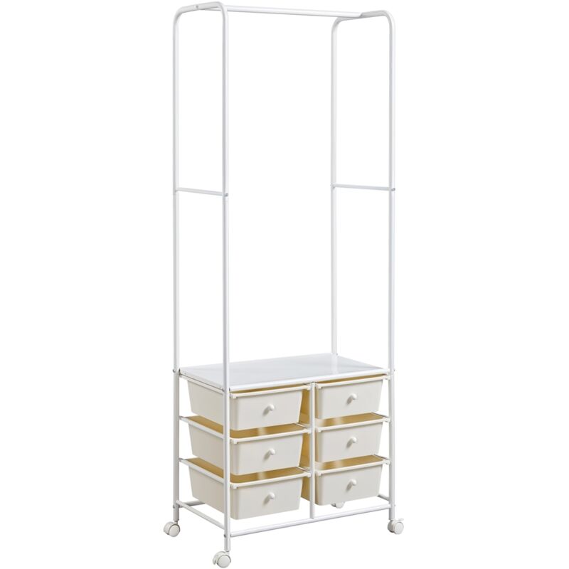 Portant à Vêtements, Portemanteau à Roulettes, avec 6 Tiroirs, Tablette, Rangement Latéral, en Métal pour Vestiaire Chambre Entrée, 63,5 × 37 × 174