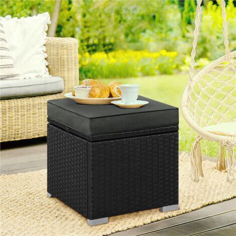 Yaheetech Poufs en Rotin pour Extérieur 2 pcs, Lot de 2 Ottomanes de Jardin en Rotin de Rangement avec Coussin 40 x 40 x 41 cm pour Amenagement Balcon Terrasse Noir/Gris