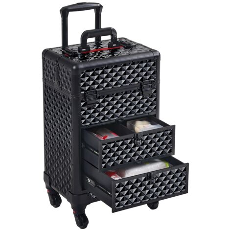 Yaheetech Professional Rolling Makeup Train Case with Drawers, Aluminum Rolling Cosmetic Case, Black