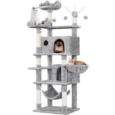 Yaheetech Rascador para Gatos Mascotas con Hamaca Plataforma Cueva Bolas de Juego Canasta 55.5x45.5x170 cm Gris Claro