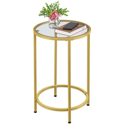 Small Tea Table Bedside Table with X-Based and Sturdy Metal Legs for Living Room Bedroom Round End Table with Metal Frame Yaheetech Marble Effect Side Table Mustard Gold 