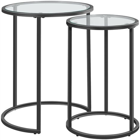 Yaheetech Round Nesting Tables Set of 2 Modern Design Side Table with Metal Frame and Glass Top End Tables Bedside Tables for Living Room, Black