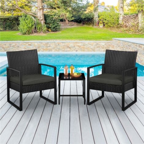 Yaheetech Salon de Jardin 2 Fauteuils et 1 Table Basse pour Salon/Bar/Bureau en Résine Tressée Poly Rotin Exterieur Interieur Noir/Gris