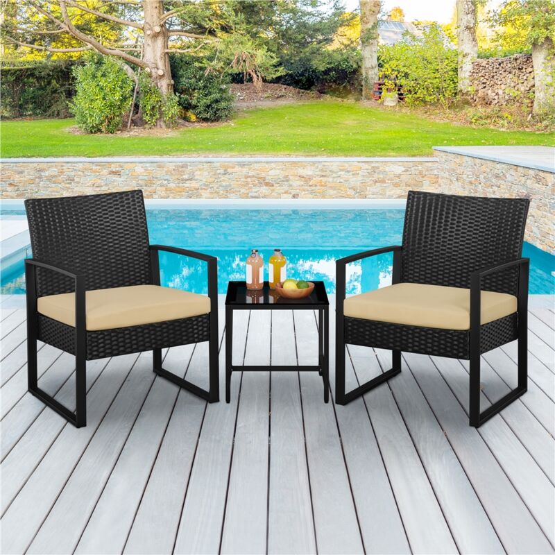 Salon de Jardin 2 Fauteuils et 1 Table Basse pour Salon/Bar/Bureau en Résine Tressée Poly Rotin Exterieur Interieur Noir/Beige - Yaheetech