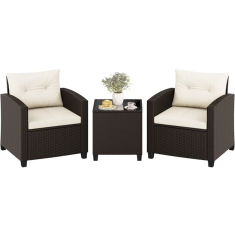 Yaheetech Salon de Jardin 2 Personnes en Résine Tressée Ensemble Bistrot 3 Pièces avec Table Basse Fauteuils d'Extérieur avec Coussins et Oreillers pour Terrasse Balcon Véranda Marron/Beige