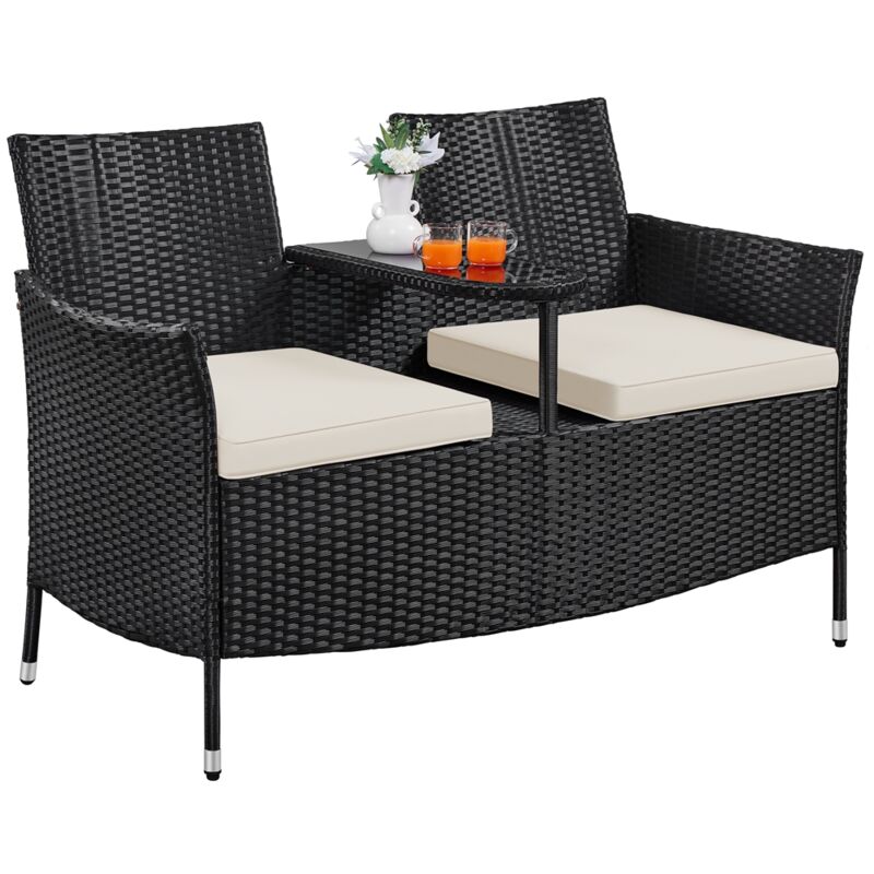 Yaheetech - Salon de Jardin Banc Extérieur 2 Places en Résine Tressée Banquette Canapé avec Table Centrale en Verre Trempé Coussins Amovibles