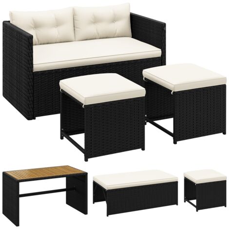 Yaheetech Salon de Jardin en Polyrotin pour 4 Personnes Ensemble Extérieur 2 en 1 avec Table à Manger en Acacia Banquette Convertible en Canapé Tabourets pour Terrasse Patio Noir/Beige