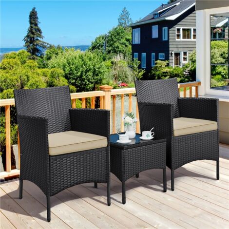 Yaheetech Salon de Jardin Exterieur, Ensemble Meubles de Jardin 2 Fauteuils et Table Basse Plateau Verre 2 Coussins Tressée Noir/Kaki