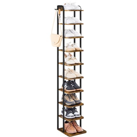 Yaheetech Scarpiera Verticale a 10 Livelli, Scaffale Portascarpe Alta e Stretta Vintage in Metallo e MDF, Scarpiera Salvaspazio per Ingresso e Corridoio, Marrone Rustico