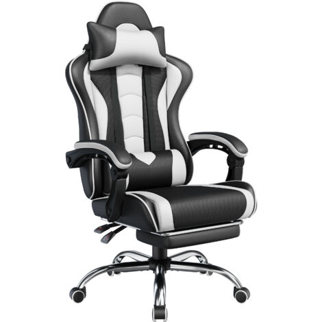 Yaheetech Sedia Gaming Ergonomica Massaggiante Reclinabile con Poggiapiedi Poggiatesta e Supporto Lombare Braccioli Imbottiti in Finta Pelle Poltrona Gamer da Scrivania con Ruote Girevole Bianco