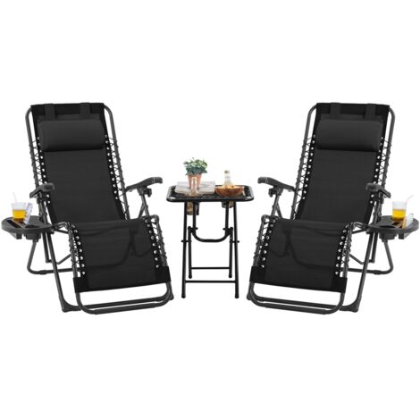 Yaheetech Set di 2 Sedie Sdraio da Giardino Zero Gravity e Tavolino con Portabicchieri, Set Sedie Pieghevoli con Poggiatesta, Portabicchieri, Pedale, Schienale Regolabile (Beige)