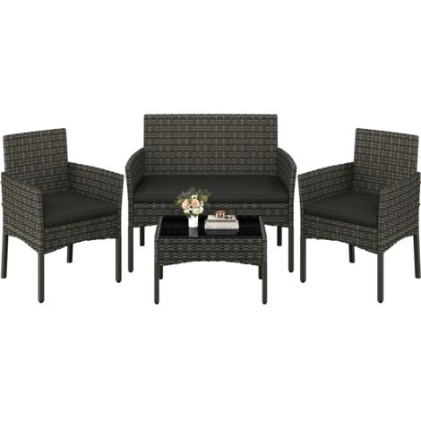 Yaheetech Set di Mobili per Esterni 4 Pezzi in Rattan PE con Divano 2 Poltrone e 1 Tavolo in Vetro Set di Conservazione per Balcone Giardino Grigio