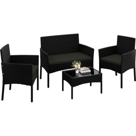 Yaheetech Set di Mobili per Esterni 4 Pezzi in Rattan PE con Divano 2 Poltrone e 1 Tavolo in Vetro Set di Conservazione per Balcone Giardino Nero/Grigio