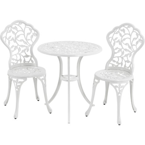 Yaheetech Set di Tavolo e Sedie da Giardino 2 Sedie 3 Pezzi Bistrò Veranda Set Mobili Balcone Motivo a Foglia in Alluminio Bianco