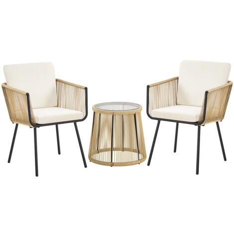 Yaheetech Set Mobili da Giardino di Conversazione per Patio Salottino in Rattan PE 2 Sedie da Esterno con Cuscini e 1 Tavolo in Vetro Set di Bistro Arredamento Balcone Terrazza Marrone e Crema