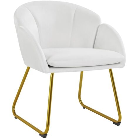 Yaheetech Silla Comedor Silla Tapizada Terciopelo Sillon para Dormitorio Silla para Comedor Cocina Pata Metal Silla Terciopelo Sala de Estar Blanco