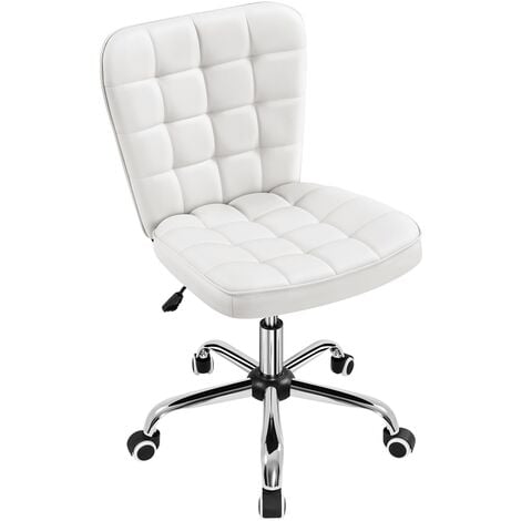 Yaheetech Silla de Oficina sin Reposabrazo Silla Oficina Tapizada de Cuero PU Silla con Ruedas Silla Ergonomica Base Metal Blanca