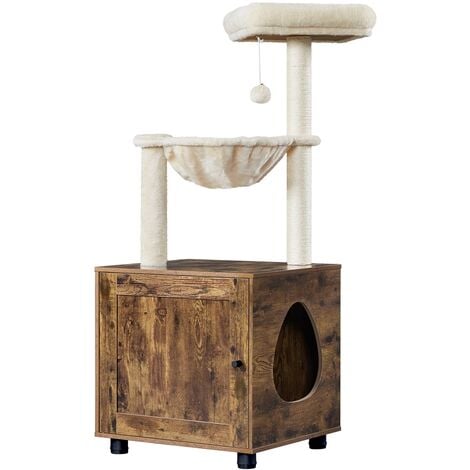 Yaheetech Small Cat Litter Box Enclosure with Cat Tree, Hidden Cat Washroom Furniture with Cat Condo, Rustic Brown/Beige