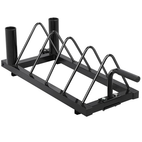 Yaheetech – Support d’haltère mobile pour poids et disques – 4 compartiments de rangement – Métal robuste avec roues et poignée de transport – Fitness gym noir