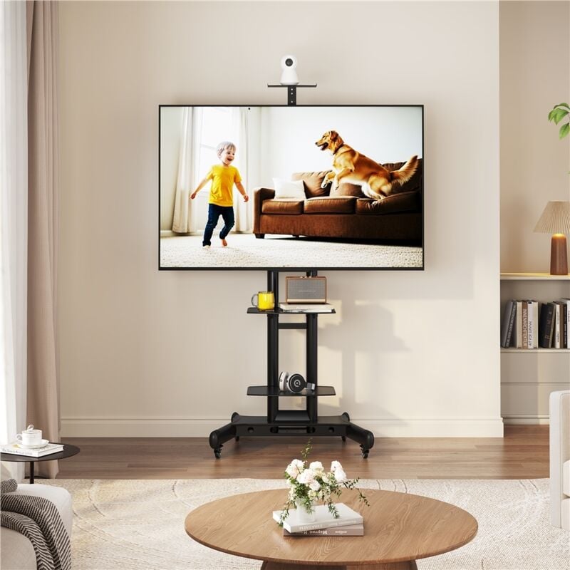 Yaheetech Support TV sur Pied Meuble TV Pied Universel Mobile avec 3 Etagères, Support à 2 Barre, Hauteur Réglable pour 32 à 75 Pouce
