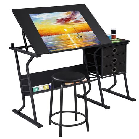 Yaheetech – Table à dessin inclinable avec tabouret rembourré – Plateau réglable 0° à 40° – 3 tiroirs de rangement – Dimensions 128x60cm – Couleur noir