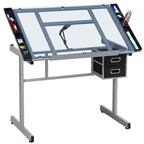 Yaheetech – Table à dessin inclinable réglable en hauteur 0°-60° – Verre trempé et métal – 2 tiroirs – Dimensions 104 × 60 × 80 cm – Pour artistes et ingénieurs