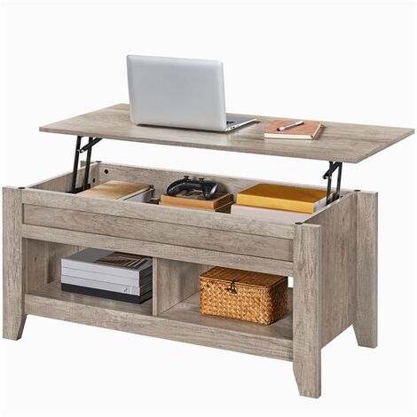 Yaheetech – Table basse relevable 104,5 x 49,5 x (49-62) cm – Plateau ajustable pour repas et travail – Compartiment caché et étagères inférieures – MDF et métal gris - MDF 104 X