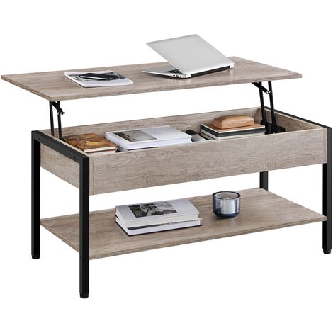 Yaheetech – Table basse relevable en MDF gris – Compartiment caché et étagère inférieure – Dimensions 104,5x49,5x47 cm – Mécanisme de levage stable
