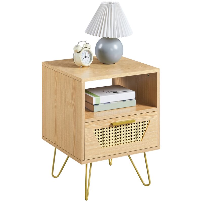 Yaheetech - Table de Chevet en Bois, Table d'Appoint avec 1 Tiroir en Rotin, 1 Compartiment et Pieds métalliques, Table de Nuit pour Chambre à