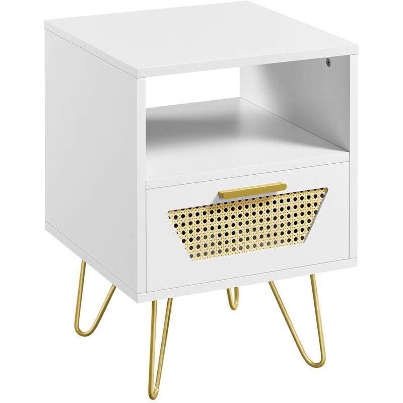 Yaheetech - Table de Chevet en Bois Chambre, Table de Nuit Scandinave, 1 Tiroir en Rotin, 1 Compartiment Ouvert et Pieds Métalliques, Bout de Canapé