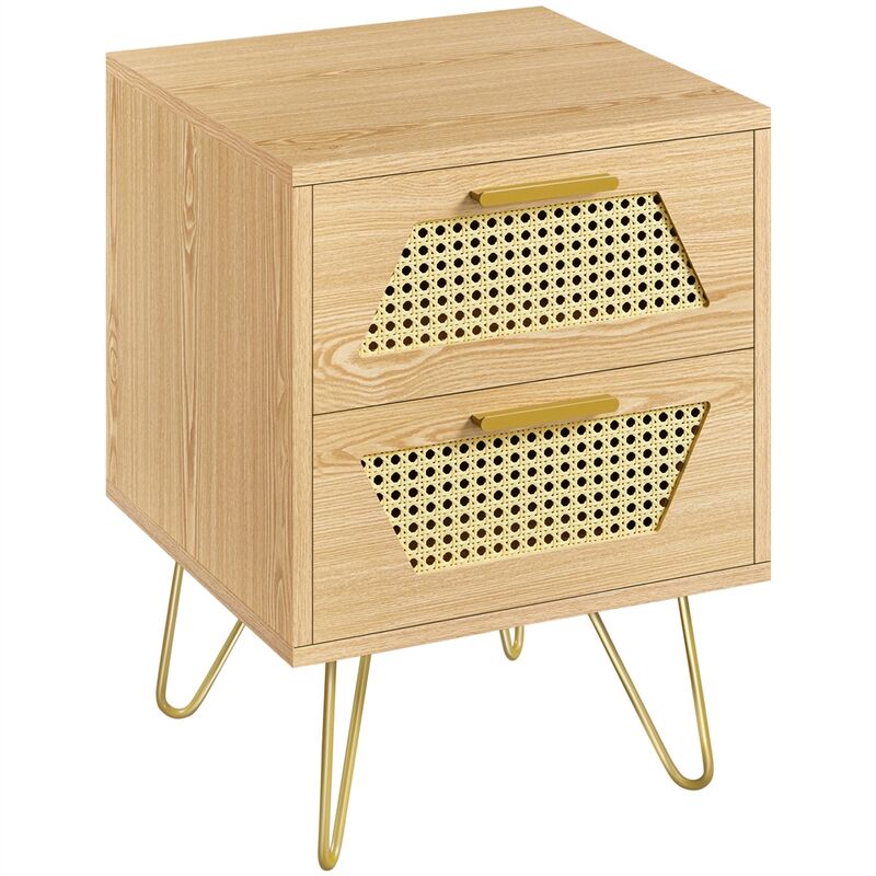 Yaheetech - Table de Chevet en Bois, Table de Nuit Scandinave Chambre, 2 Tiroir en Rotin, Pieds Métalliques, Bout de Canapé Salon, 40 × 40 × 55 cm