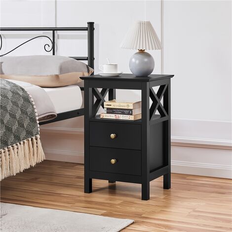 Yaheetech – Table de chevet noir en MDF avec 2 tiroirs et étagère ouverte – Dimensions 40x30x60 cm – Rangement chic pour chambre ou salon