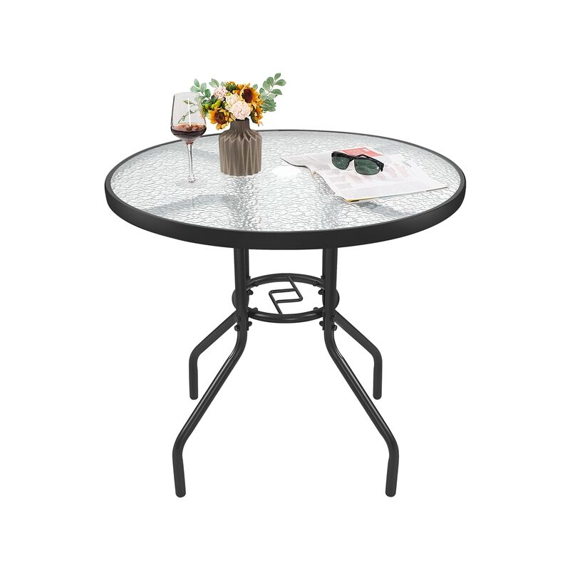 Yaheetech - Table de Jardin Ronde en Verre Diamètre 80 cm, Facile d'entretien avec Trou pour Parasol et Plateau en Verre, Table Basse en métal pour