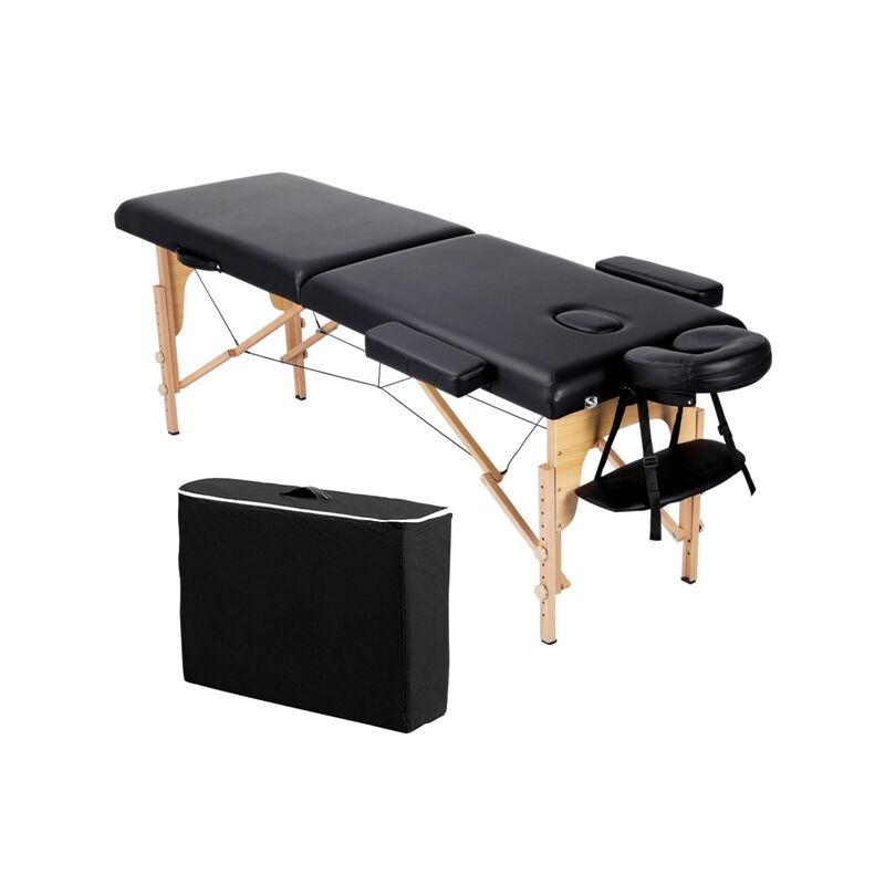 Table de Massage Portable Pliable à 2 Zones Charge 250 kg en Bois Hêtre Hauteur Réglable avec Appuie-tête Amovible Sac de Transport 213 x 60 cm/Noir