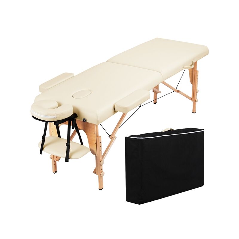 Table de Massage Portable Pliable à 2 Zones Charge 250 kg en Bois Hêtre Hauteur Réglable avec Appuie-tête Amovible Sac de Transport 213 x 60 cm/Crème
