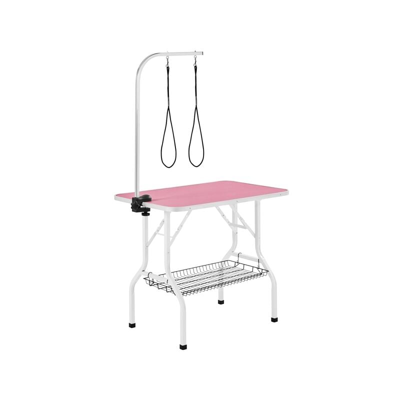 Table de Toilettage pour Chien/Chat/Animaux de Companie Pliante avec Potence Réglable 2 Sangles Une Panier de Rangement et Surface Travail Plus Large