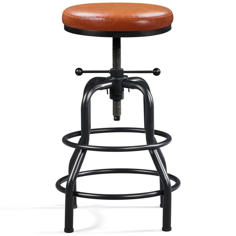 Yaheetech - Tabouret de Bar Industriel en Similicuir Tabouret Haut Rond Réglable en Hauteur avec Deux Repose-Pieds Tabouret de Comptoir pour Cuisine