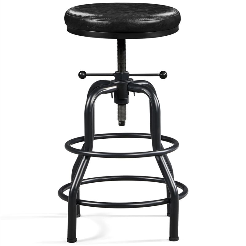Yaheetech - Tabouret de Bar Industriel en Similicuir Tabouret Haut Rond Réglable en Hauteur avec Deux Repose-Pieds Chaise de Cuisine avec Cadre en