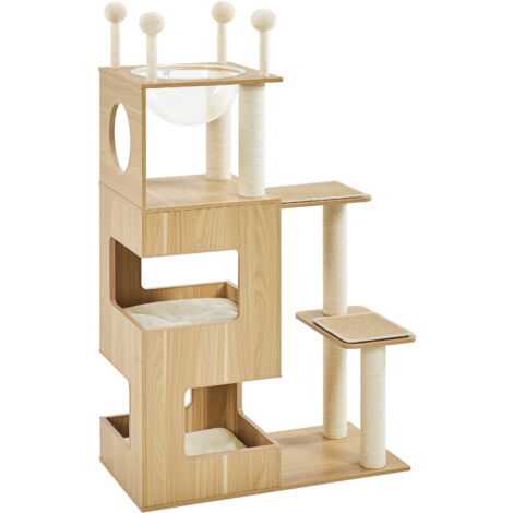 Yaheetech Tiragraffi per Gatti Albero Giochi in Sisal e Peluche Cuccia per Gatti in Legno con 4 Pali Graffiatoi 4 Pompon 80x40x134 cm Legno/Beige