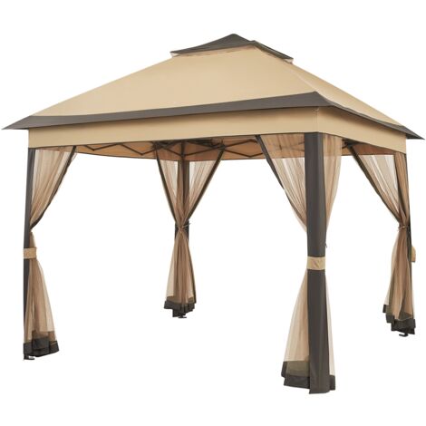 Yaheetech Tonnelle de Jardin avec Toiles Moustiquaires 3,3 x 3,3 m pour Camping Stand Commercial Fêtes Bistrot Bar Piscine Toile Imperméable Couleur Kaki et Brun