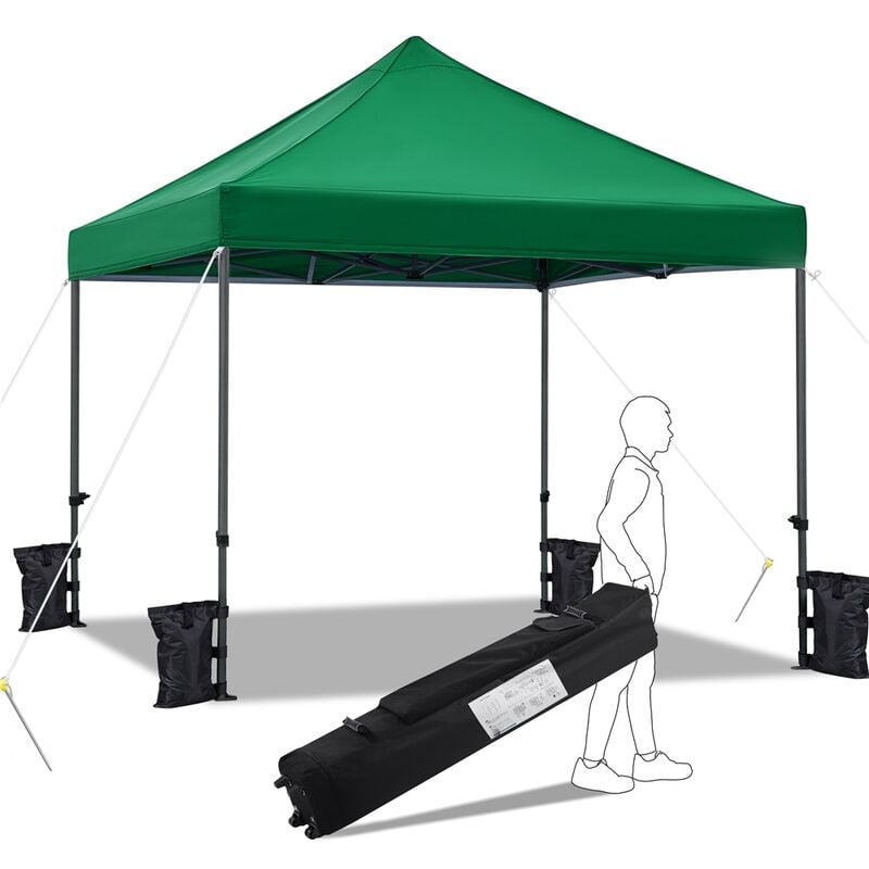 Tonnelle 3x3m Pliante Imperméable Anti-UV Tente Pavillon Pop-up Portable Gazebo avec Sac de Transport à Roulette et Sac de Sable Vert foncé