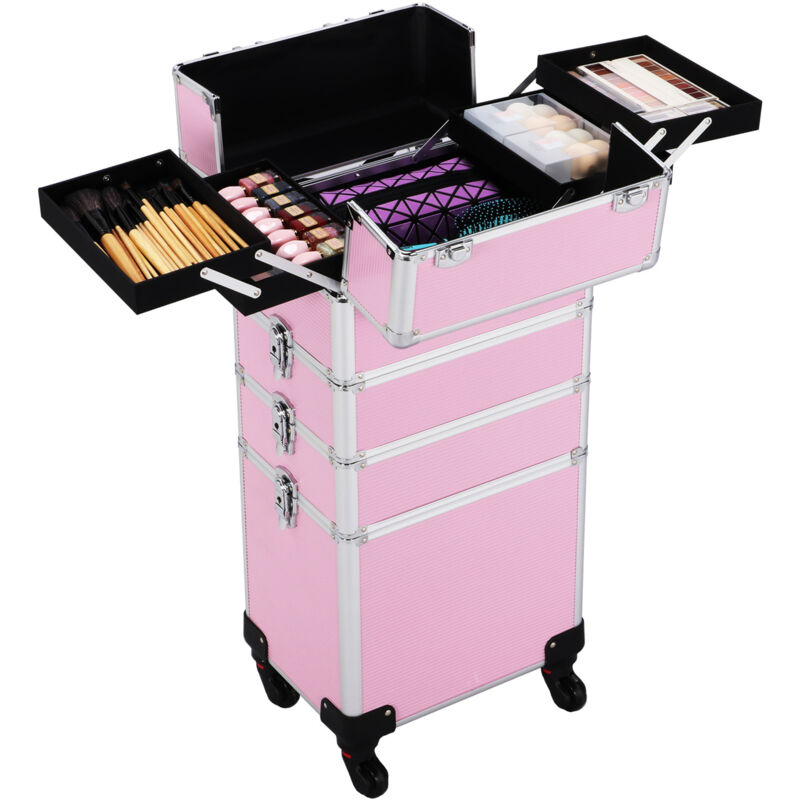 Image of 4 in 1 Valigia Trolley Make Up per Estetista Parrucchiere Professionale Beauty Case Grande Porta Trucchi Cosmetici da Viaggio 34 x 25,5 x 80 cm Rosa