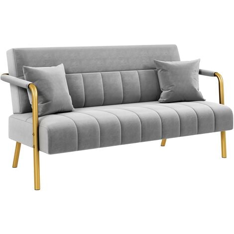 Yaheetech Upholstered Sofa Couch with Gold-tone Metal Arms and Legs, Modern Small Loveseat with 2 Pillows, Light Gray
