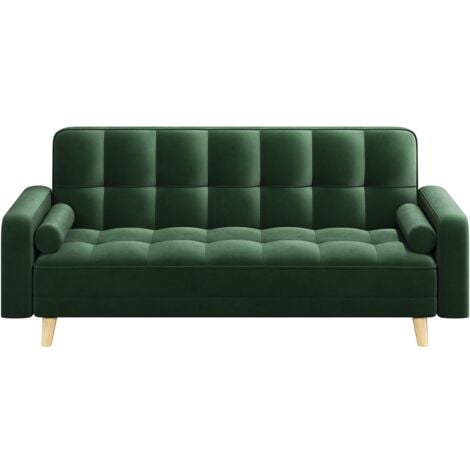 Yaheetech Velvet Convertible Sofa Bed, 3 Seater Convertible Settee Sofa Bed With Armrests and 2 Bolster Pillows, Green
