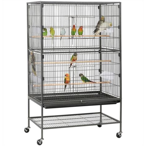Yaheetech – Volière cage oiseaux 2 étages sur roulettes – Métal martelé imperméable – Dimensions 79 x 52 x 132 cm – Accessoires inclus : mangeoirs, perchoirs