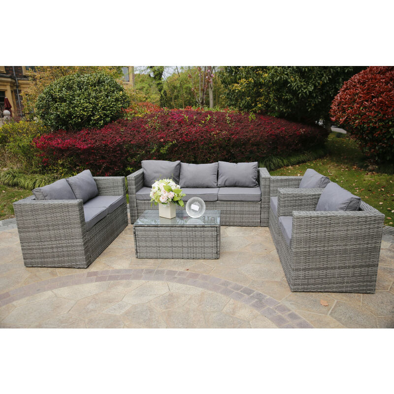 YAKOE VANCOUVER 7 SEATER RATTAN GARDEN SOFA SET IN GREY WITH FITTING