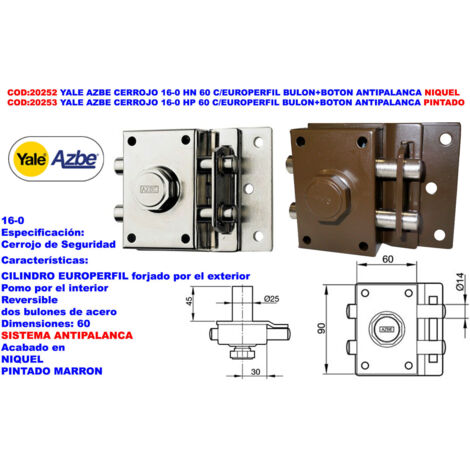 Yale Azbe 16-0 HP 60 Pêne dormant de surcharge avec boulon et bouton anti-panique
